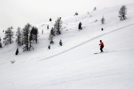 A Single Skier Skiing Down A Run